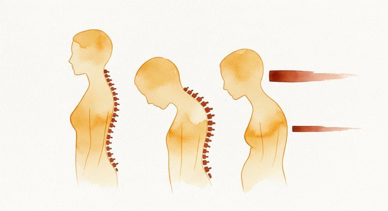 Watercolor side-profile silhouettes showing posture changes across decades