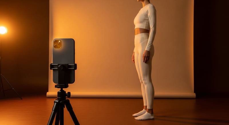 Editorial photograph of an anonymous figure standing before a smartphone on a tripod in warm amber studio light representing a body scan analysis session