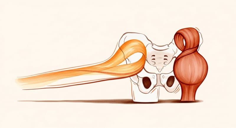 Watercolor illustration of a pelvis with a stretched hip flexor on one side and an engaged glute on the other, showing the muscle rebalance that fixes anterior pelvic tilt