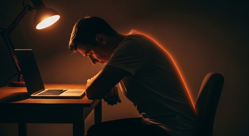 Side profile of a person hunched over a laptop at a desk, lamp light tracing the curved spine to show how prolonged desk posture compresses the lumbar region