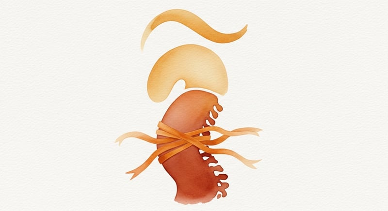 Watercolor abstraction of the three spinal curves in warm gold and terracotta, with tension ribbons wrapping the lumbar region