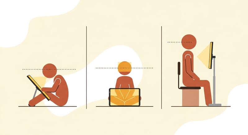 Flat illustration showing three children using devices at different screen heights from lap level to eye level with dotted sight lines