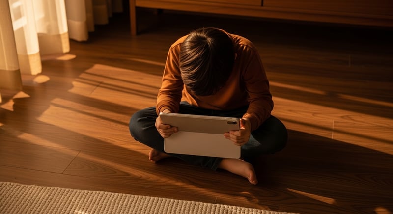 Watercolor illustration of children using tablets and phones with gentle emphasis on their hunched posture