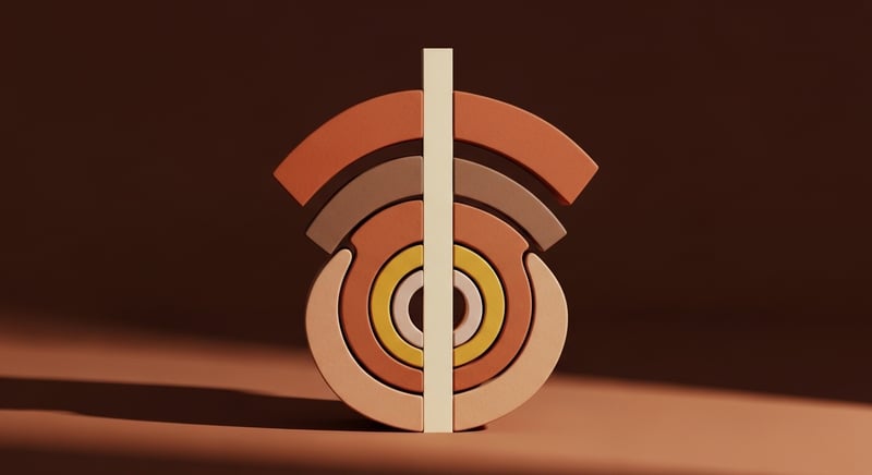Geometric composition of layered concentric rings in warm terracotta, copper, and honey gold representing the deep core muscles around a spine line