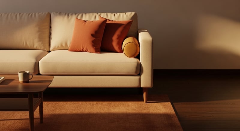 Artfully arranged couch cushions and a folded throw blanket in warm earth tones, suggesting comfortable supported seating