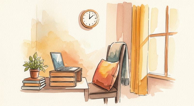 Hand-drawn illustration of budget desk setup with books stacking under a monitor, a rolled towel on a chair, and simple accessories