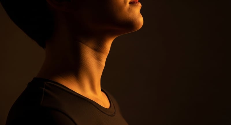 Close-up side-profile view of a person performing a chin tuck, with warm amber light along the jaw and neck showing correct alignment