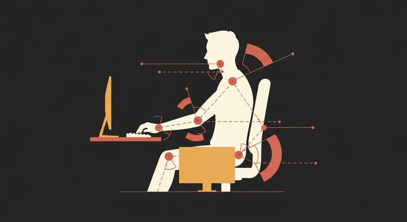 Geometric diagram of proper seated gaming posture showing angle markers at the back, elbows, hips, and knees