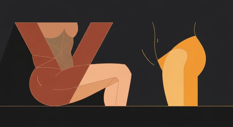 Geometric comparison of a compressed seated V-shape in terracotta on the left and an open released angle in warm gold on the right, representing tight versus lengthened hip flexors