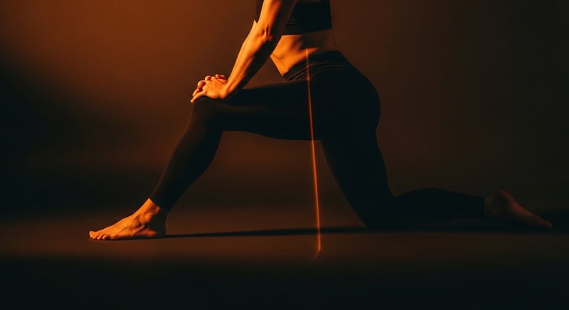 Side view of an anonymous figure in a half-kneeling hip flexor stretch, warm amber light running along the length of the body