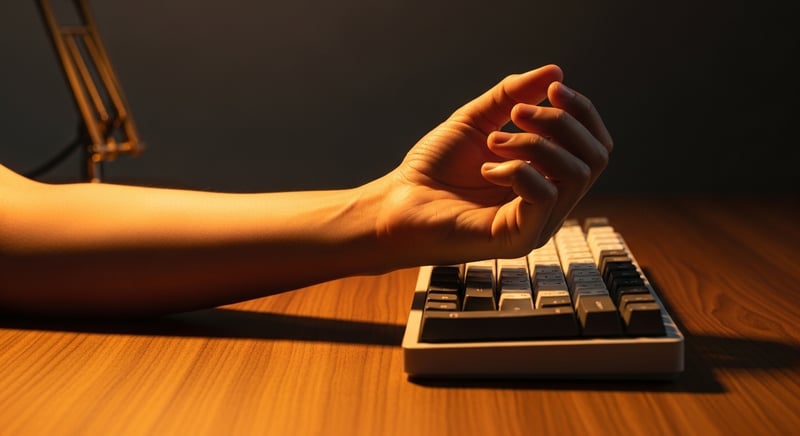 Editorial photograph close-up of an anonymous forearm and hand resting on a mechanical keyboard with the wrist in neutral straight alignment, warm amber desk lamp light