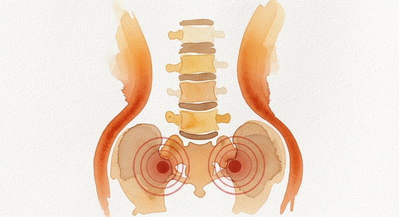 Person sitting at a desk pressing their hand into their lower back, warm office lighting