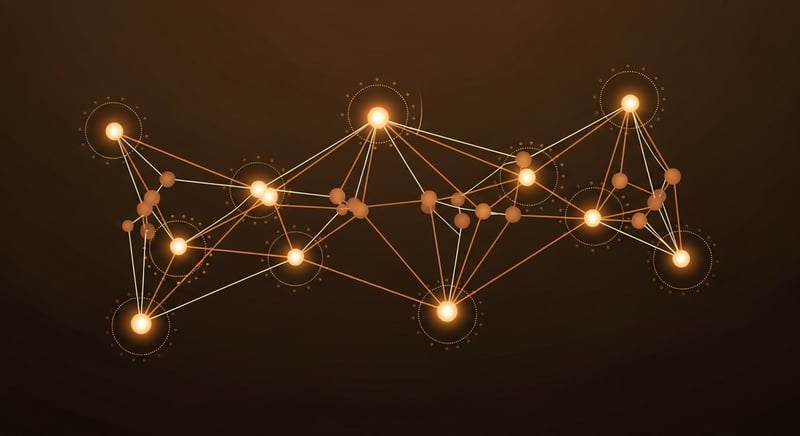 Illustrated brain connected to muscle fibers through flowing neural pathways in warm ink and watercolor tones