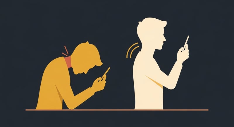 Ink and watercolor sketch of a person looking down at their phone with neck flexed forward