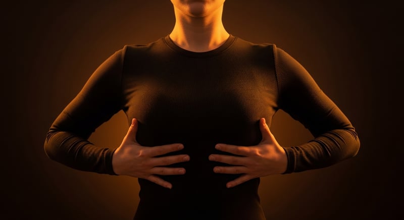 Close-up of an anonymous torso with hands resting on the lower ribs feeling the ribcage expand during a deep diaphragmatic breath reset