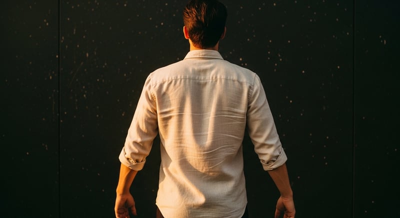 Anonymous figure standing tall from behind, shoulders back in warm afternoon light