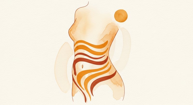 Loose watercolor illustration of an anonymous upright torso midsection with flowing warm amber ribbons cycling gently through the abdomen area, representing digestive flow in upright alignment
