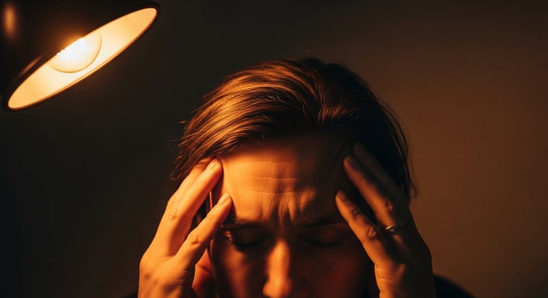 Close-up of hands pressed to the temples in warm lamp light, evoking the weary relief motion for a posture-triggered headache