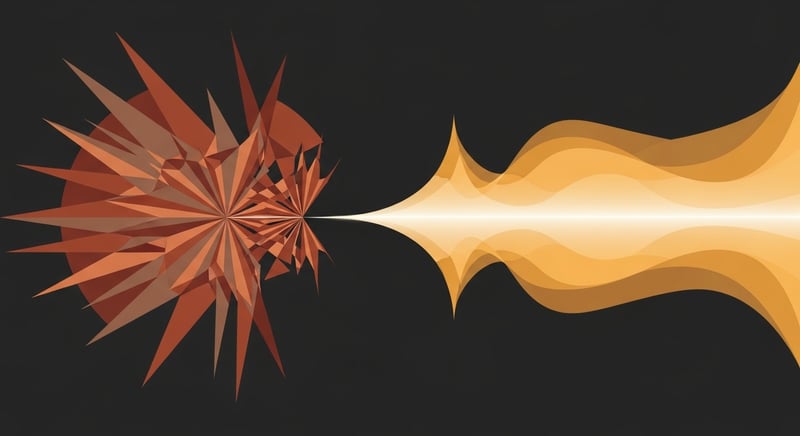 Geometric abstraction of sharp terracotta tension shapes on the left softening into flowing warm gold curves on the right, representing headache pain transitioning to relief