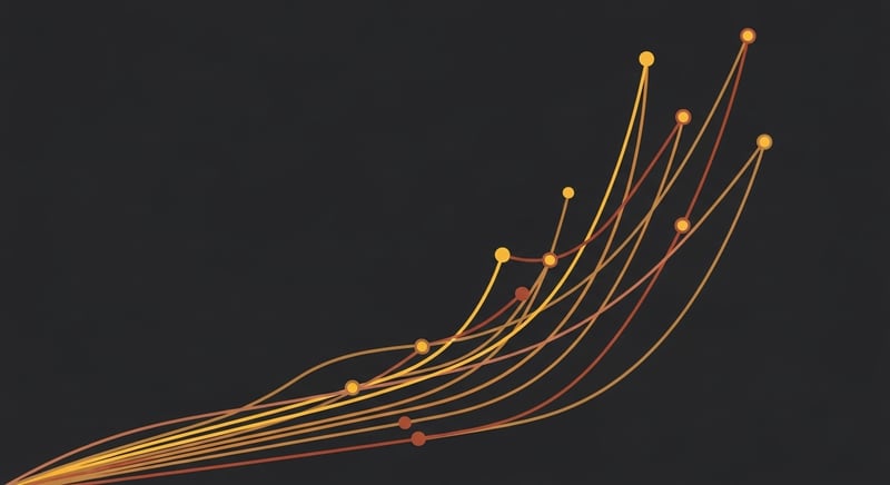 Abstract geometric visualization of three sweeping curves representing different app engagement trajectories in warm gold and terracotta tones