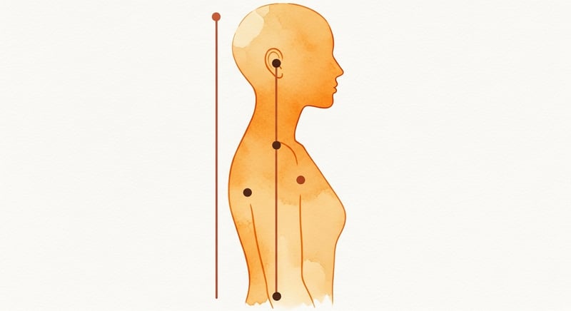 Watercolor side-profile silhouette with a vertical plumb line drawn from ear through shoulder and hip, showing the posture assessment reference line