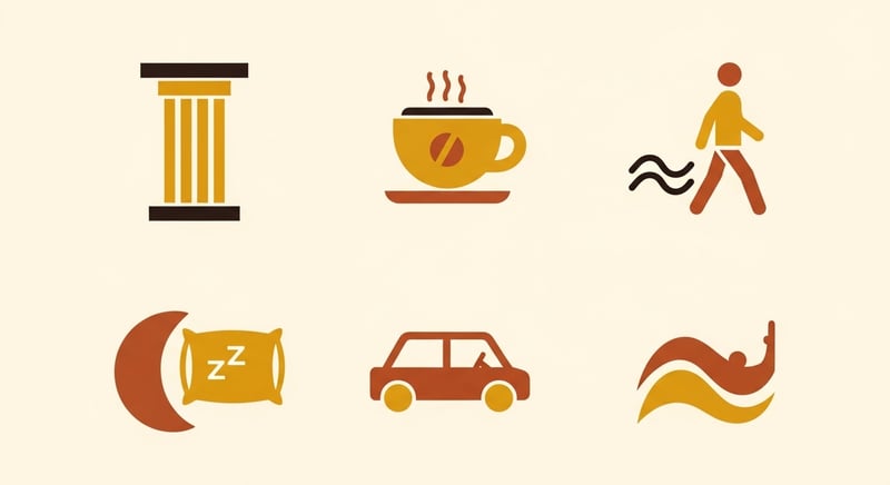 Minimal flat icon grid of daily posture habits in warm gold and terracotta