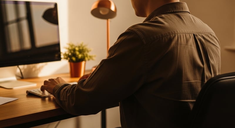 Anonymous figure working upright at a warm wooden desk in afternoon light