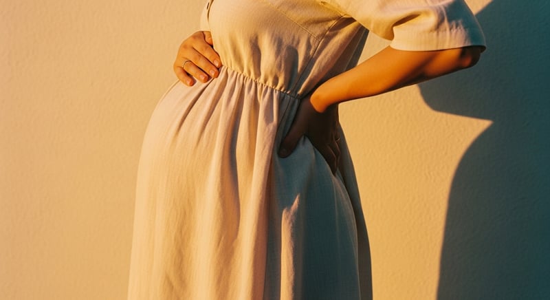 Anonymous pregnant torso with hands resting on the lower back in warm afternoon light