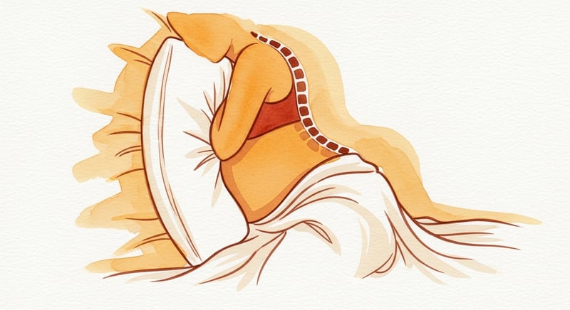 Watercolor illustration of a pregnant woman sleeping on her side with a support pillow