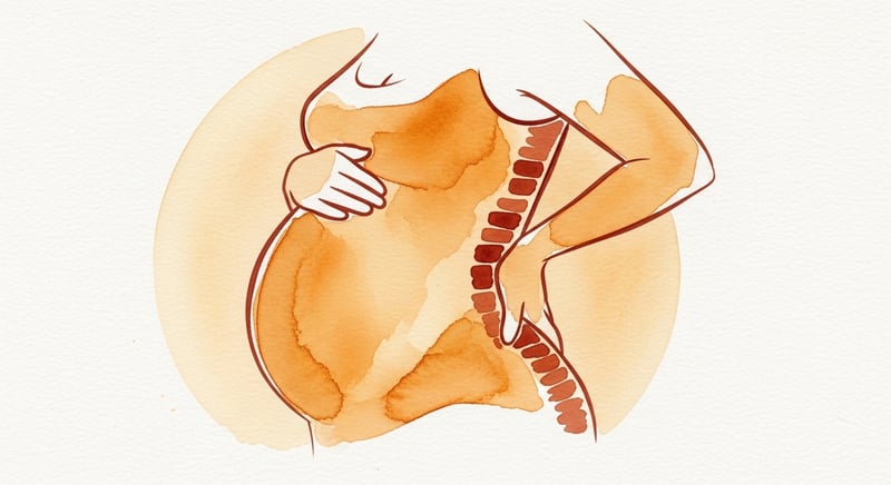 Watercolor illustration of a pregnant woman in side profile showing spinal alignment changes