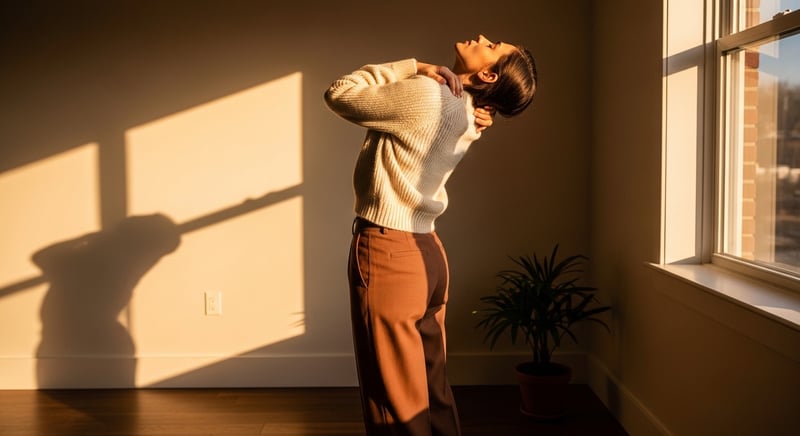 Editorial photograph of an anonymous person standing tall near a window in warm amber morning light with shoulders rolled back