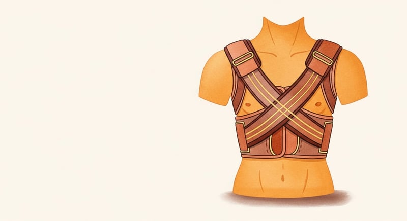 Watercolor illustration of a posture corrector brace wrapped around an empty torso silhouette, suggesting passive dependency rather than active muscle strength