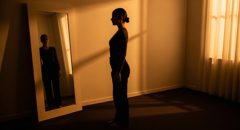 Side-profile silhouette of an anonymous person standing in front of a full-length mirror, assessing their own posture type