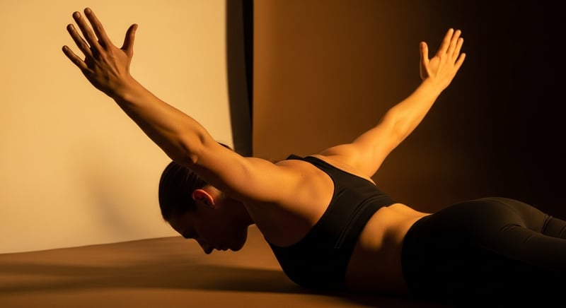 Editorial three-quarter rear view of an anonymous person performing a prone Y-raise on the floor, arms extended overhead in a Y shape with shoulder blades squeezed together, warm amber studio lighting, face turned down