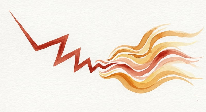 Watercolor of a sharp terracotta zigzag pain path dissolving into flowing warm gold curves, representing sciatic pain transitioning into relief