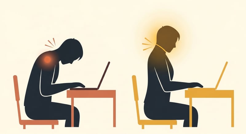 Flat illustration of two desk workers side by side, the left slumped with rounded shoulders in charcoal and the right sitting upright in warm gold