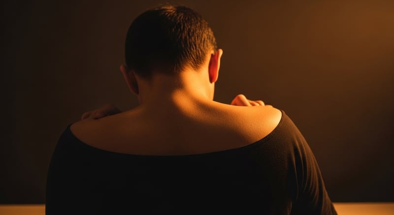 Desk worker reaching for their shoulder in pain while working at a computer