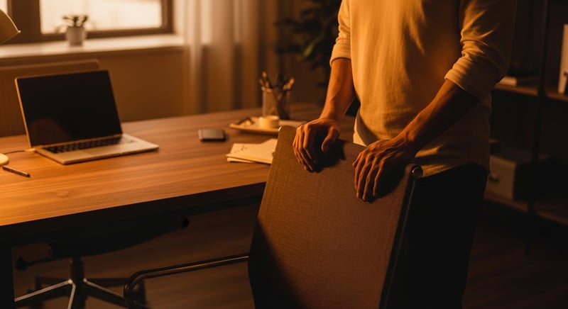 Editorial photograph of an anonymous man standing beside an office chair at a warm walnut-wood desk during a standing break, cropped above the face, warm amber office light