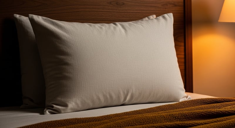 Cream linen pillow against a walnut headboard in warm amber lamplight