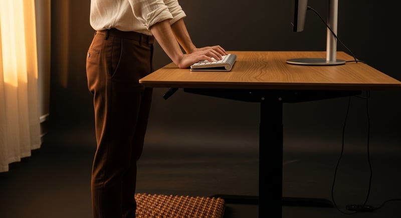 Standing desk workspace with monitor at eye level and ergonomic accessories