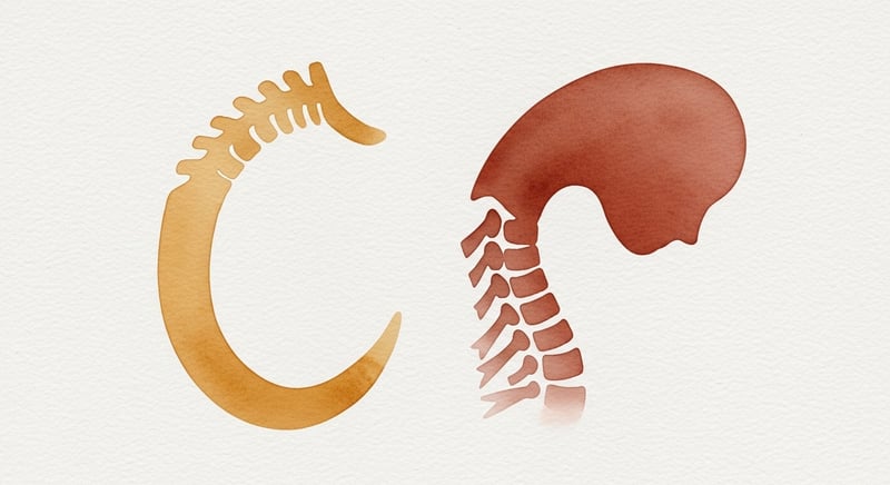 Watercolor comparison of a neutral warm gold cervical curve on the left and an extreme forward-bent terracotta curve on the right, showing text neck posture