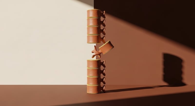 Geometric arrangement of twelve warm terracotta cylindrical vertebrae stacked vertically with one rotated segment