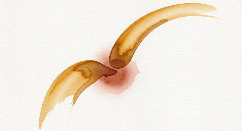 Watercolor of two warm gold curves meeting at a central terracotta focal point, suggesting the jaw-and-cervical-spine connection