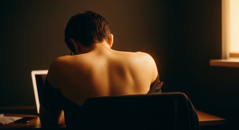 Rear view of an anonymous figure hunched over a desk with rounded shoulders, warm amber light tracing the space between the scapulae
