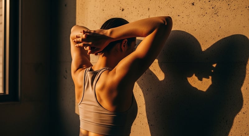 Anonymous back and arms pressed against a warm concrete wall in wall-angel goalpost position, amber afternoon light