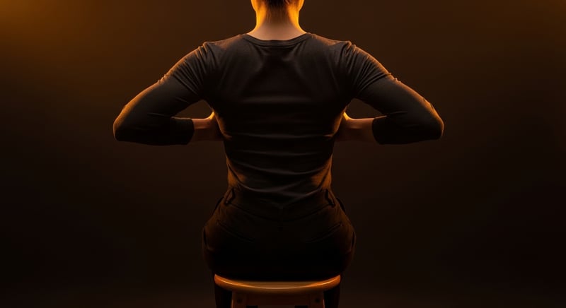 Back view of an anonymous person sitting in an over-corrected military-straight posture, showing the tension that comes from rigid posture