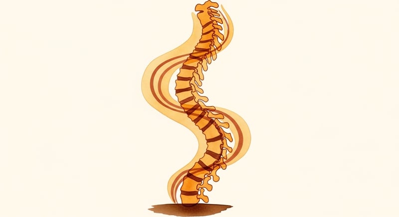 Watercolor illustration of the full spine showing the three natural curves — cervical, thoracic, and lumbar — as a flowing S-shape